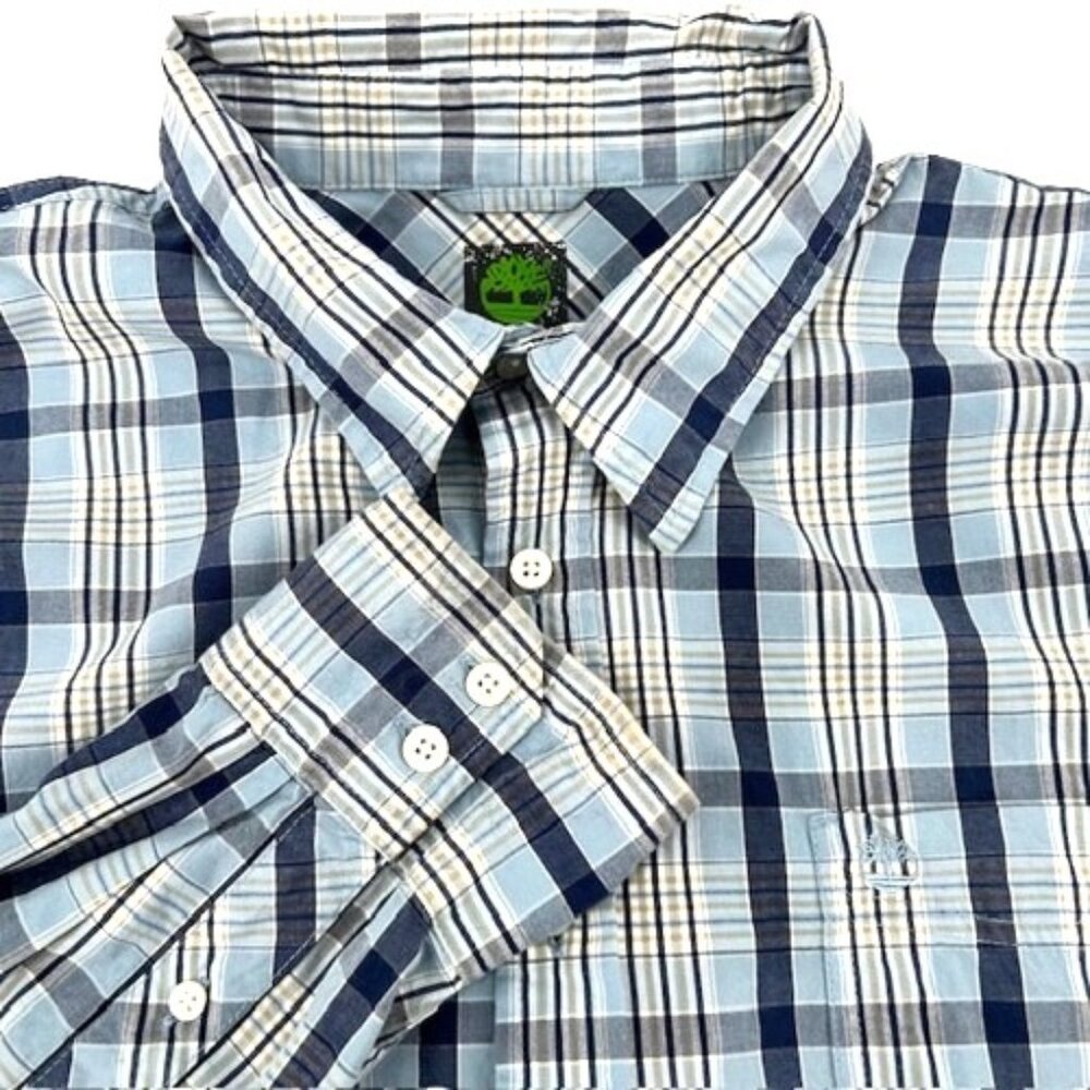 Vintage Timberland Men’s Button Down Shirt Plaid XL Blue White Long Sleeve